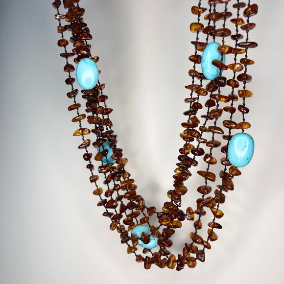 Six Strand Knotted Amber & Turquoise Necklace - Picture 1 of 8